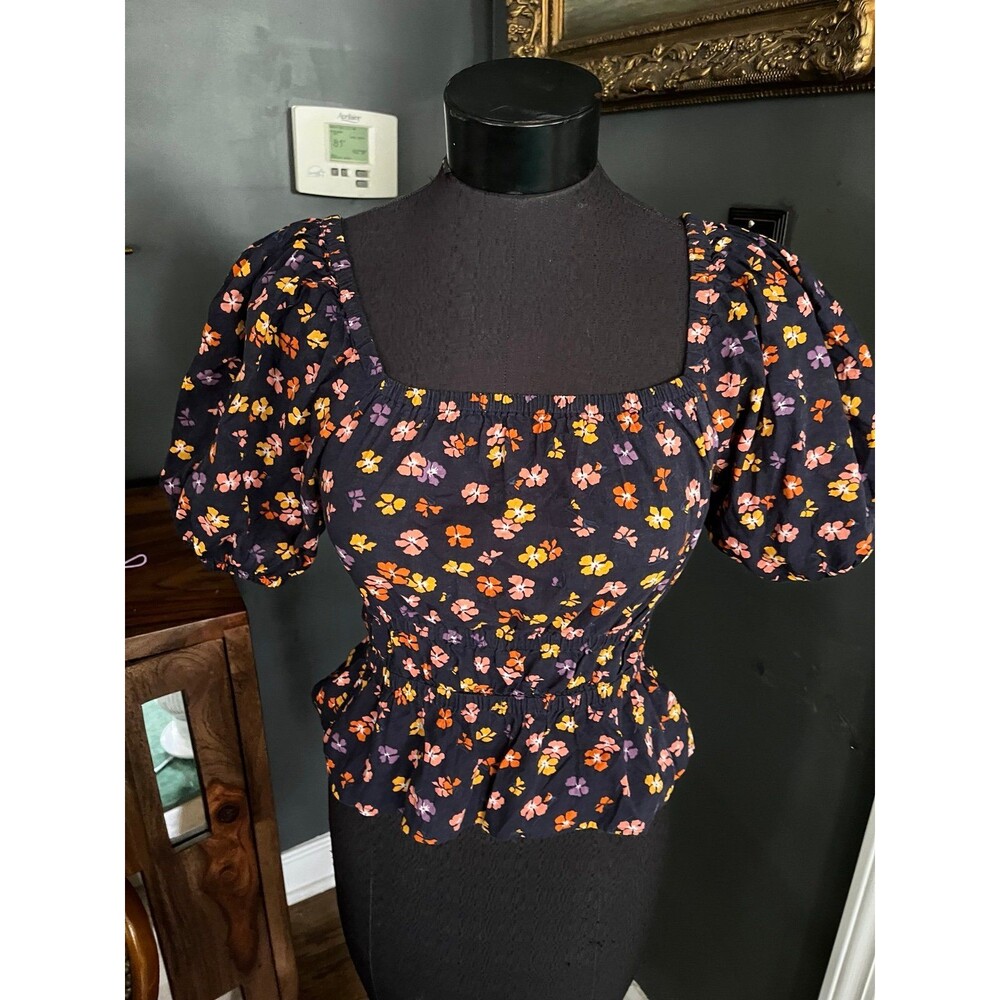 Madewell black Cotton Floral Cottage Core Fitted Top Shirt Blouse sz XS Cropped